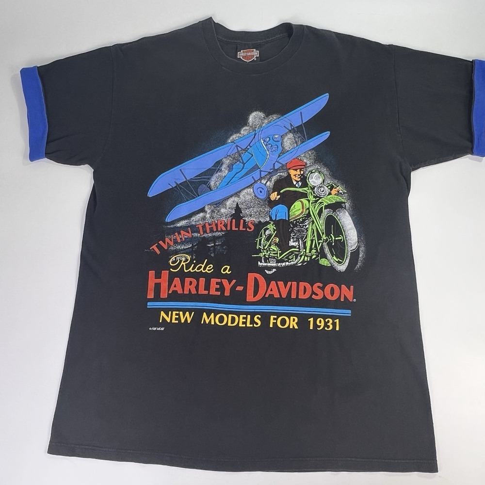 Vtg '91 Harley Davidson Tshirt 1931 Biplane Advertisement Twin Thrills Sz L Fade